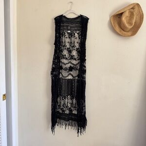 NWT Black Bohemian Crochet Lace Fringe Vest 100% Cotton M